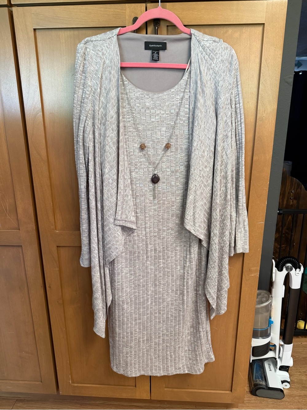 R&M Richards Cream Ribbed Knit Dress with Draped Cardigan